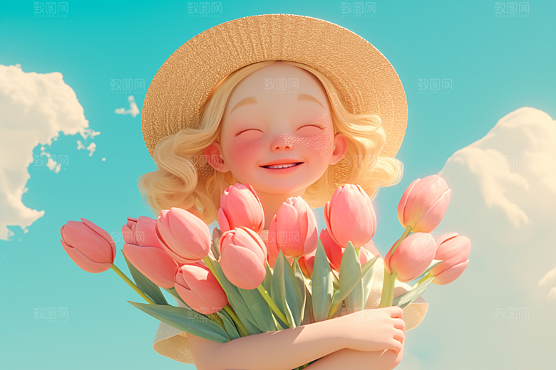 手捧鲜花的少女立体飞舞的裙摆素材