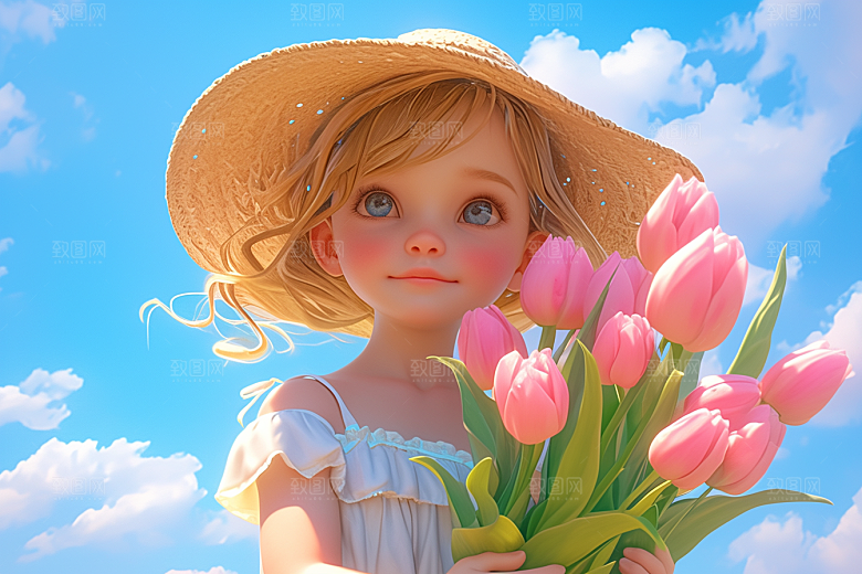 手捧鲜花的少女自然3D素材
