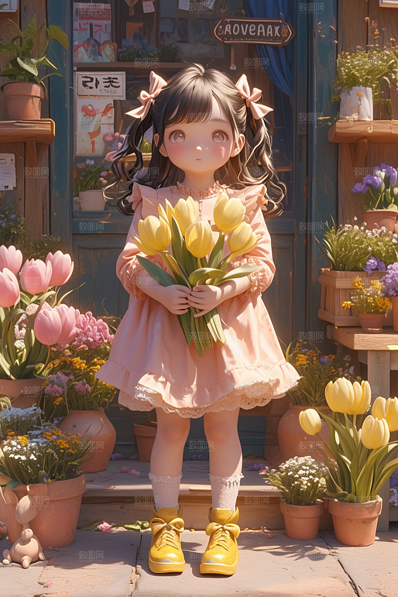 手捧鲜花的少女烂漫清新素材