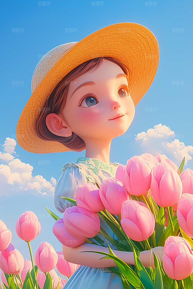 手捧鲜花的少女模型花朵素材