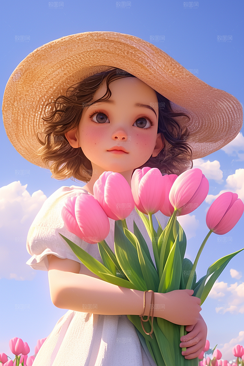 手捧鲜花的少女清新烂漫素材