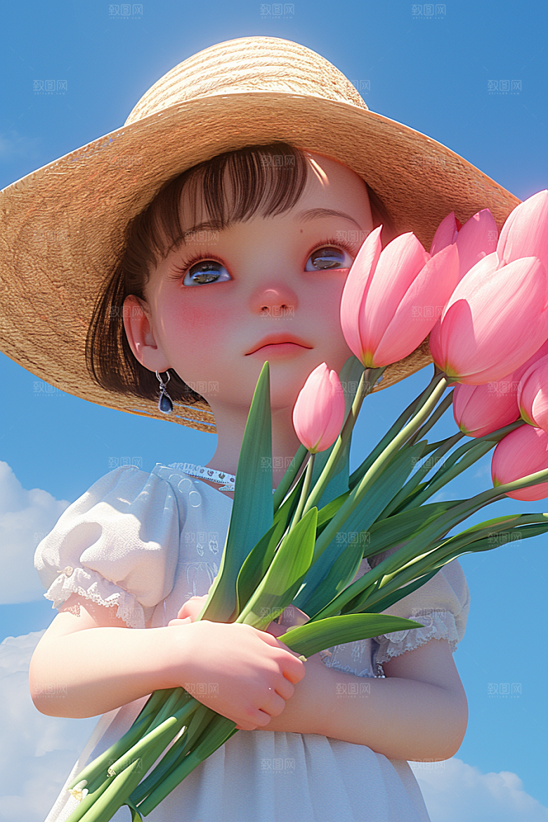 手捧鲜花的少女花朵梦幻素材