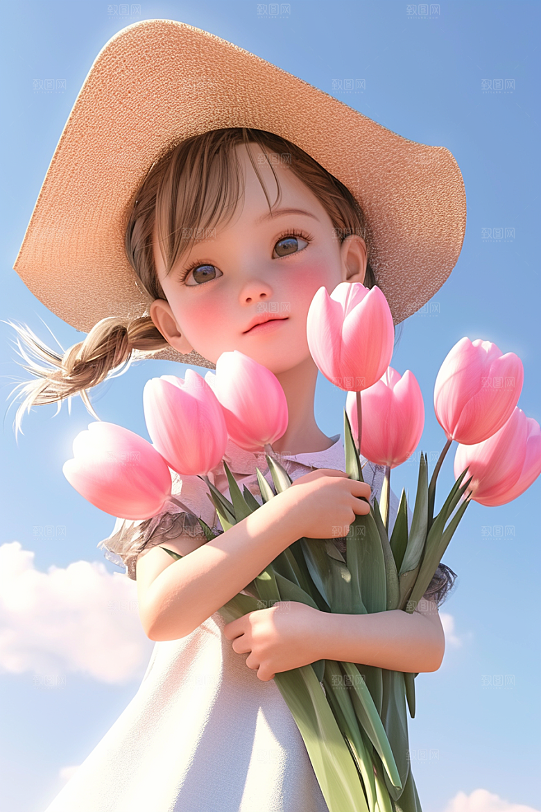 手捧鲜花的少女烂漫自然素材