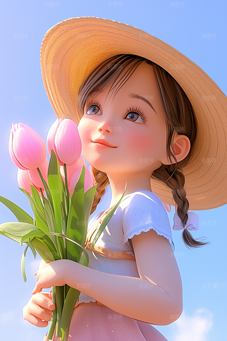 手捧鲜花的少女模型肖像素材