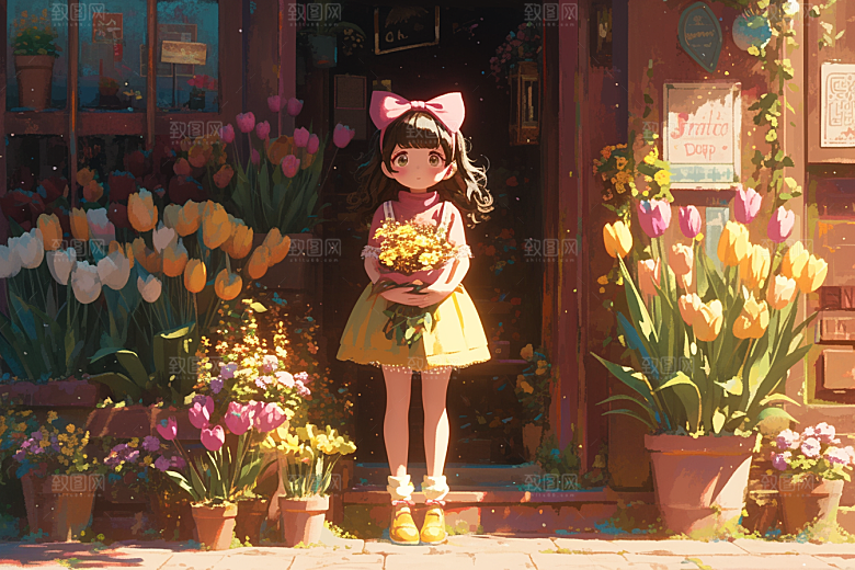 手捧鲜花的少女3D立体素材