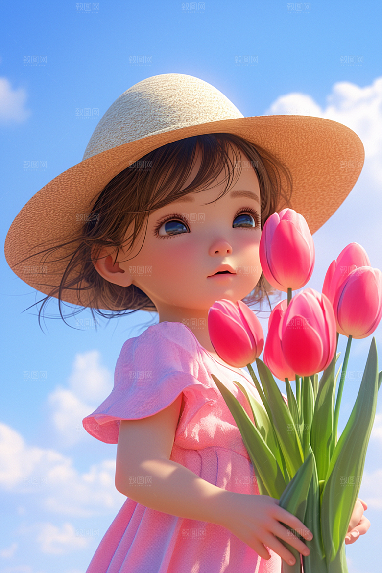 手捧鲜花的少女自然3D素材