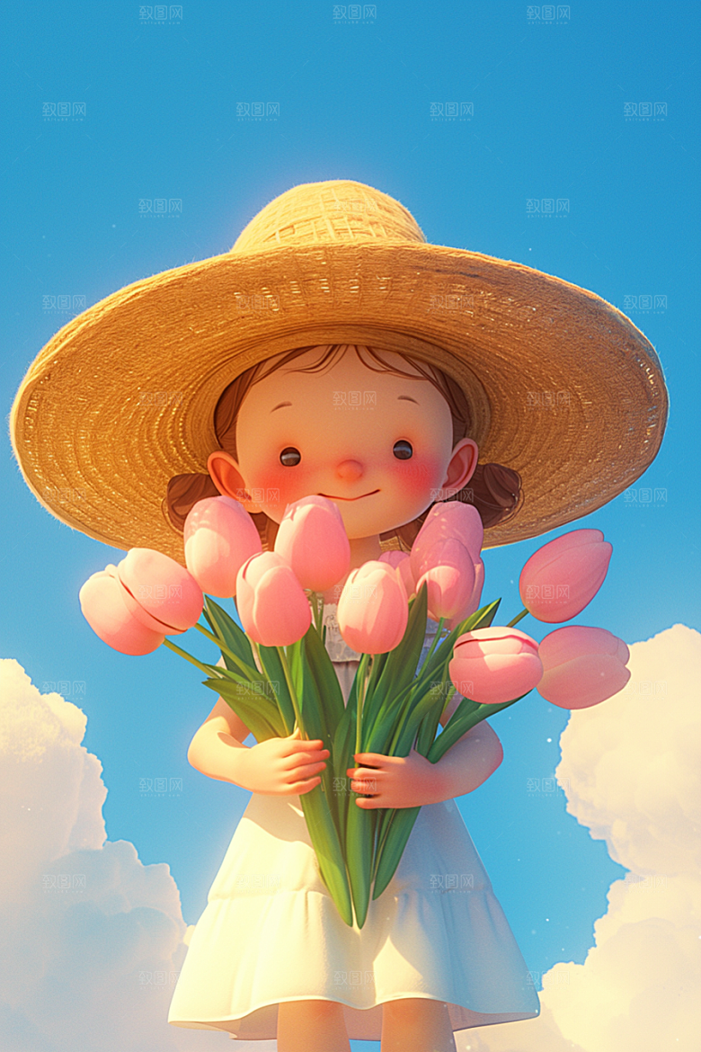 手捧鲜花的少女3D模型素材