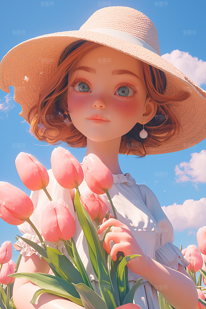 手捧鲜花的少女立体人物素材