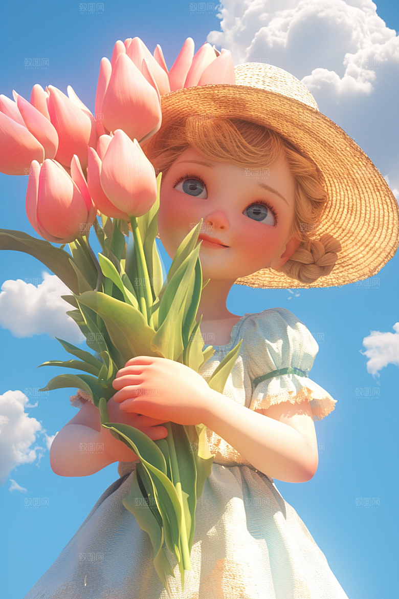 手捧鲜花的少女人物自然素材