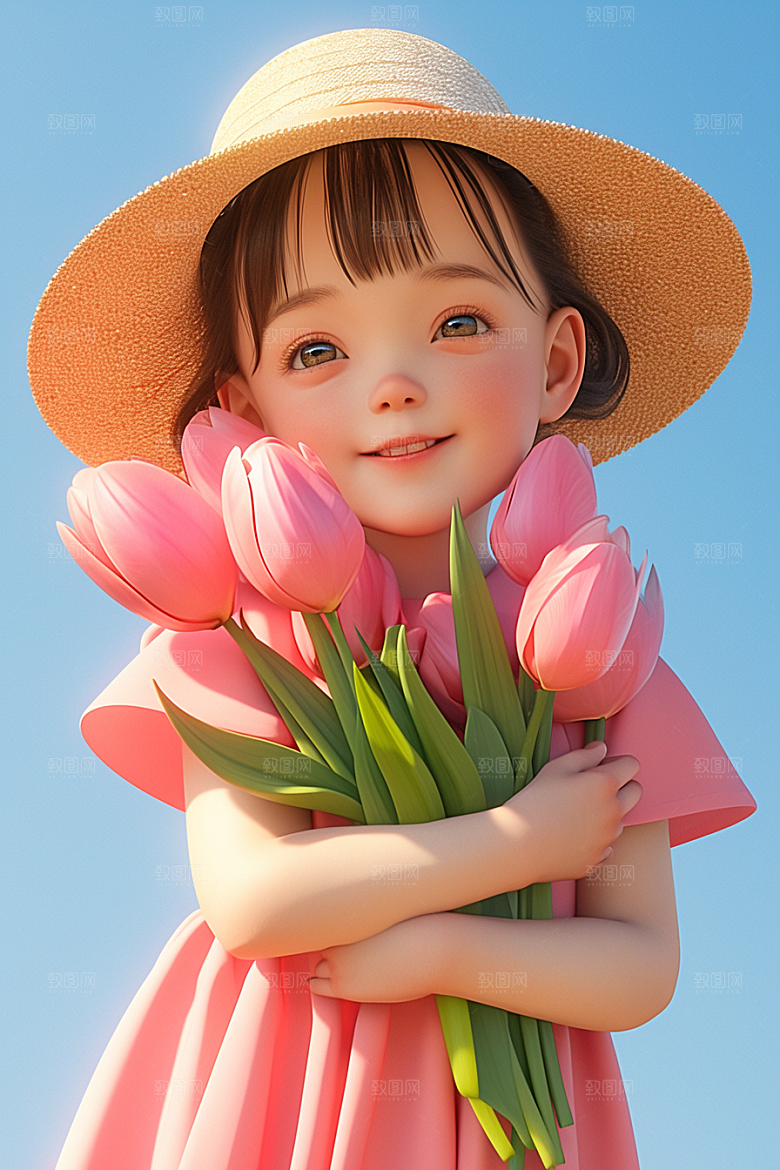 手捧鲜花的少女3D肖像素材
