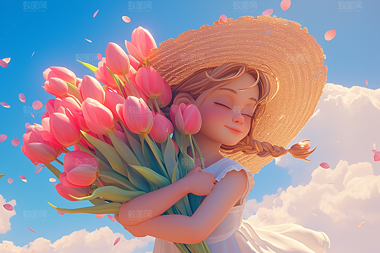 手捧鲜花的少女烂漫立体素材