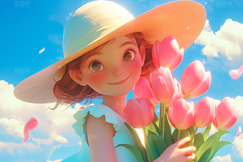 手捧鲜花的少女青春花朵素材