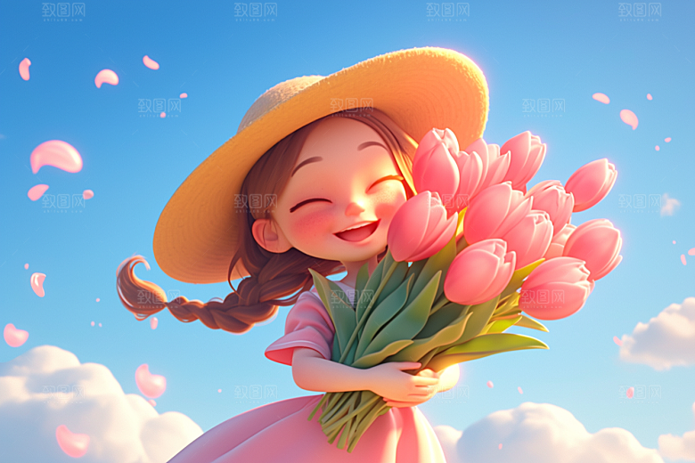 手捧鲜花的少女立体梦幻素材