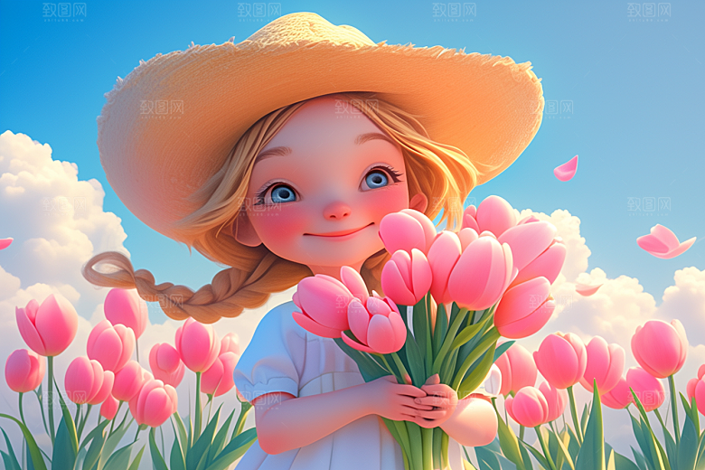 手捧鲜花的少女自然青春素材