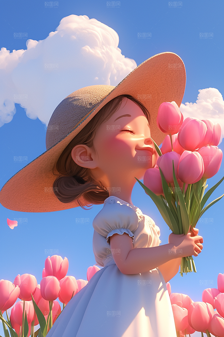 手捧鲜花的少女青春春天素材