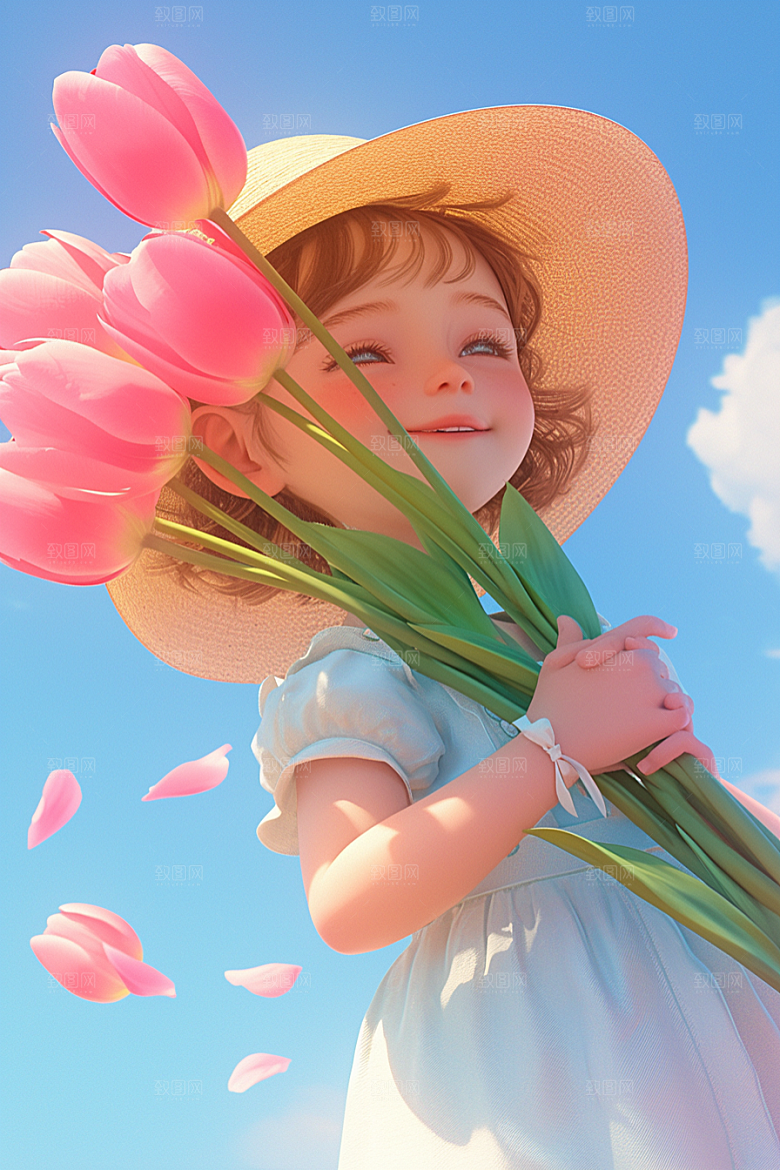 手捧鲜花的少女青春模型素材