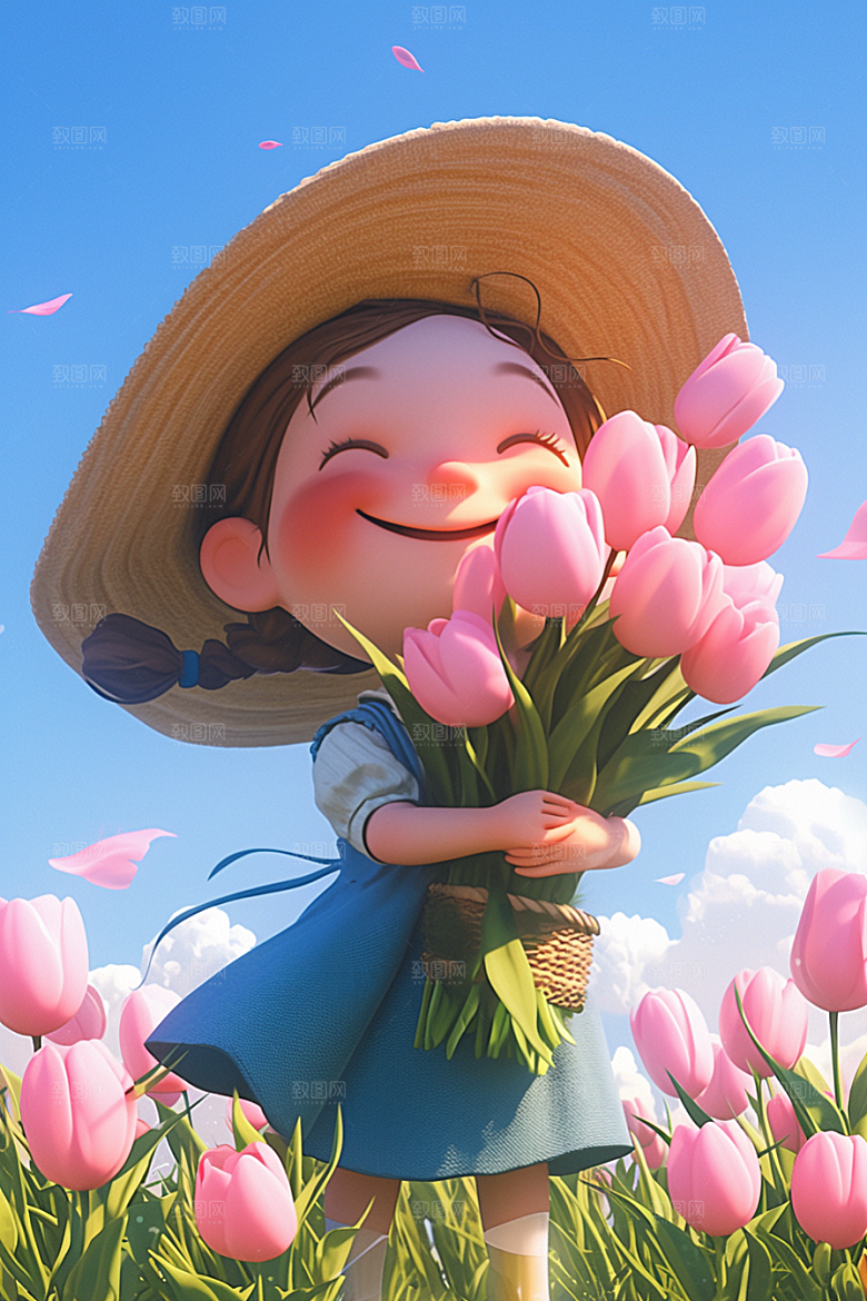 手捧鲜花的少女模型烂漫素材