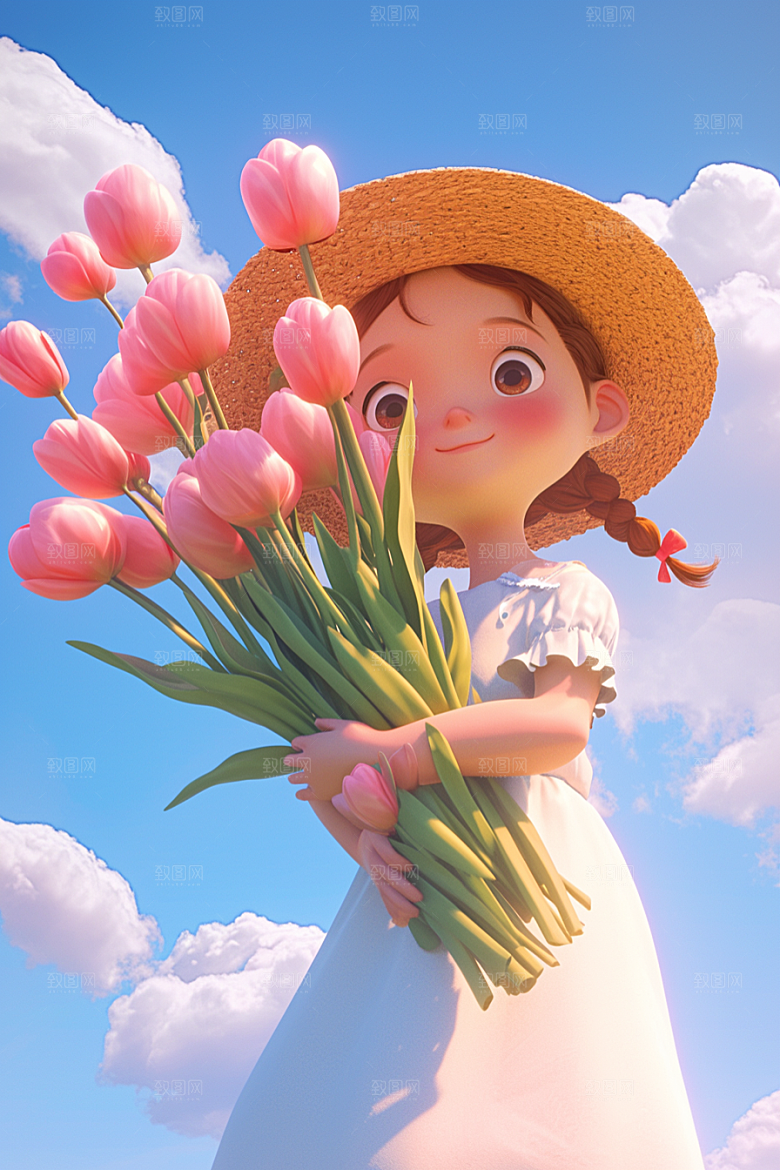 手捧鲜花的少女模型人物素材