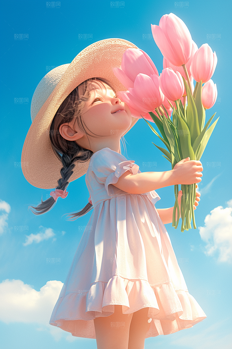 手捧鲜花的少女3D人物素材