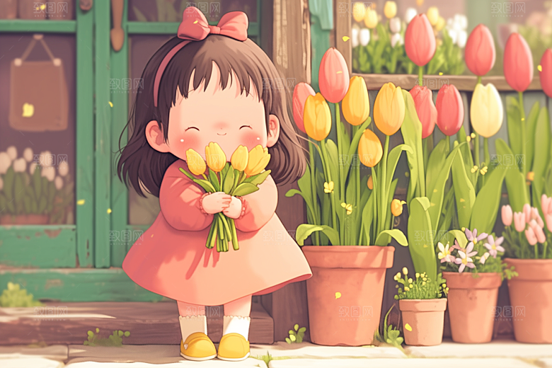 手捧鲜花的少女梦幻春天素材