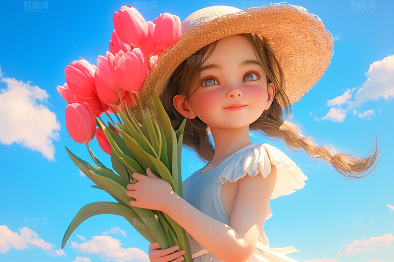 手捧鲜花的少女花朵飞舞的裙摆素材