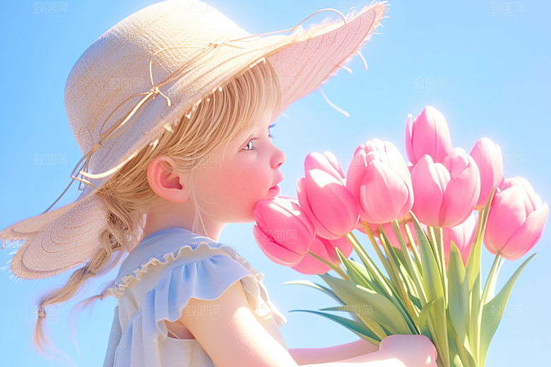 手捧鲜花的少女3D自然素材