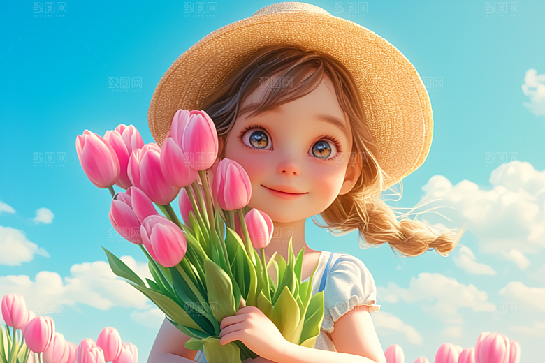 手捧鲜花的少女烂漫梦幻素材