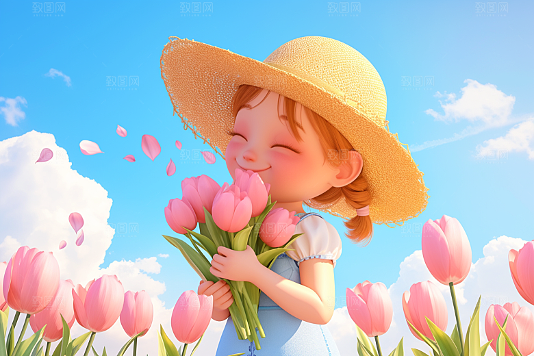 手捧鲜花的少女立体梦幻素材