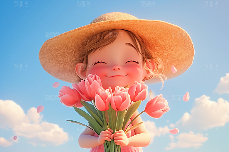 手捧鲜花的少女春天花朵素材