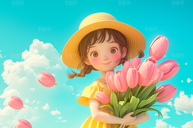 手捧鲜花的少女清新花朵素材