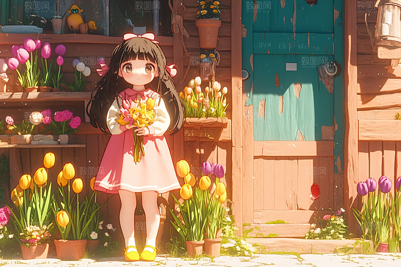 手捧鲜花的少女烂漫人物素材