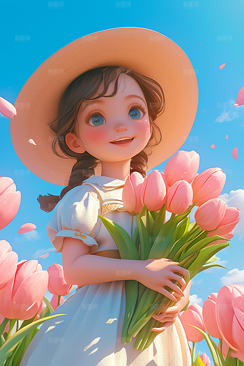 手捧鲜花的少女梦幻飞舞的裙摆素材