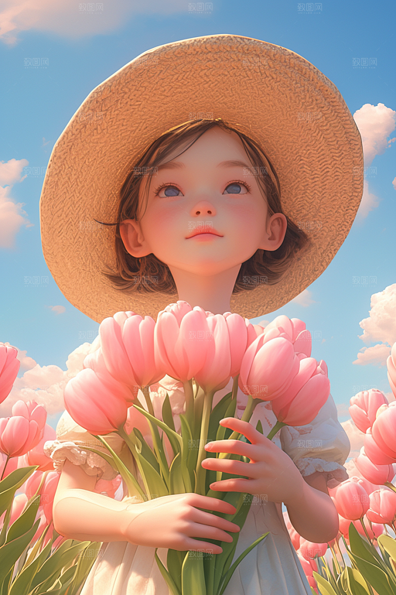 手捧鲜花的少女梦幻唯美素材
