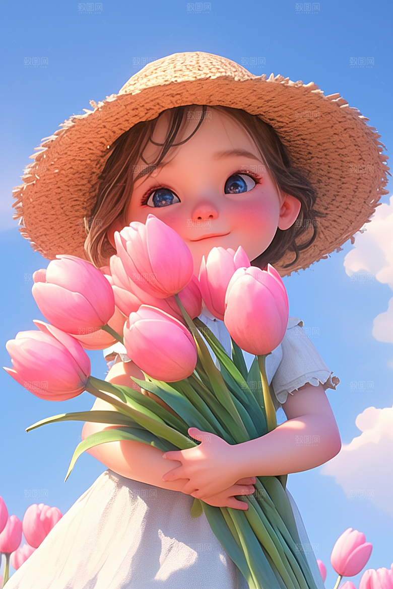 手捧鲜花的少女肖像梦幻素材