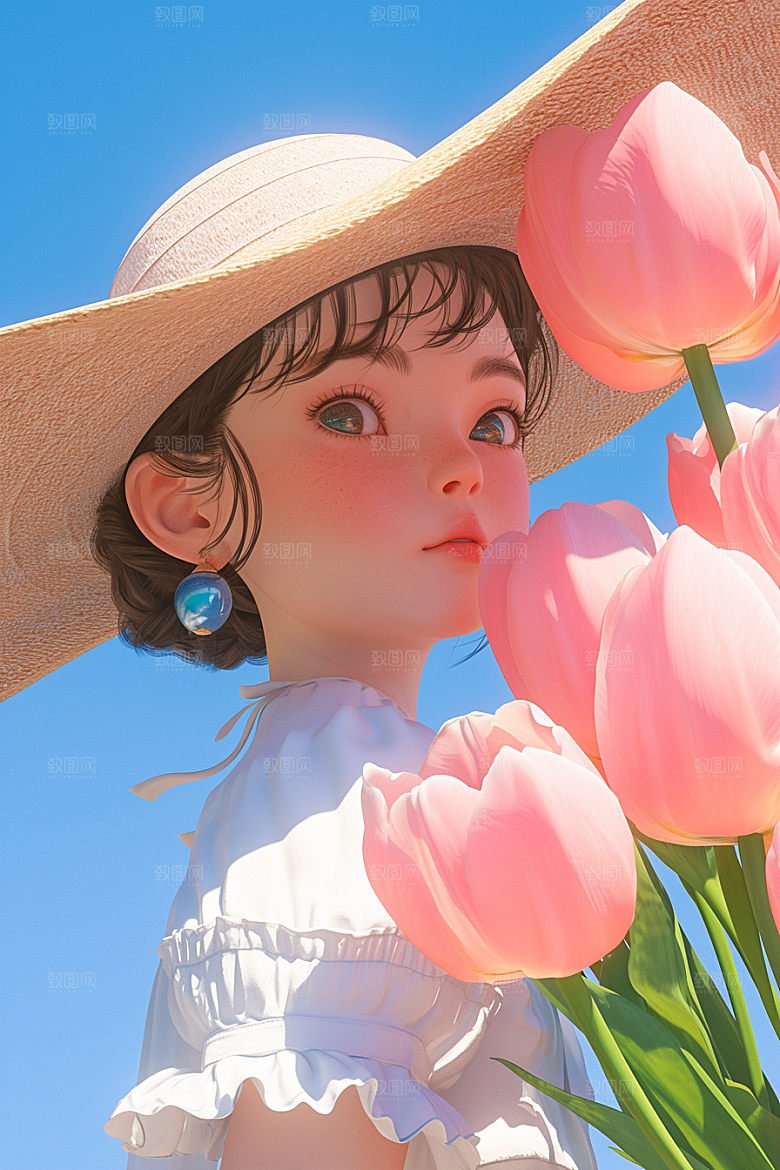 手捧鲜花的少女春天模型素材