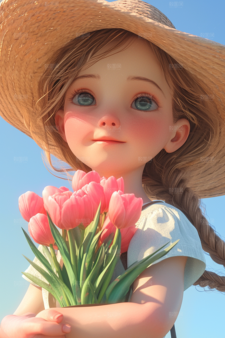 手捧鲜花的少女清新3D素材