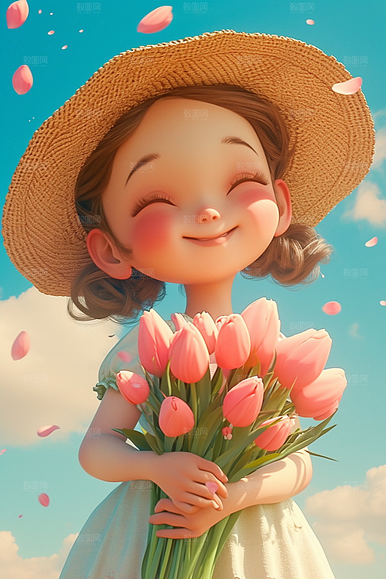 手捧鲜花的少女自然花朵素材