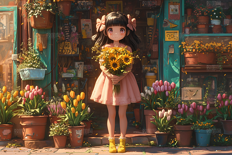 手捧鲜花的少女自然人物素材