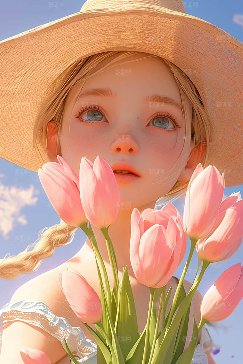 手捧鲜花的少女青春3D素材