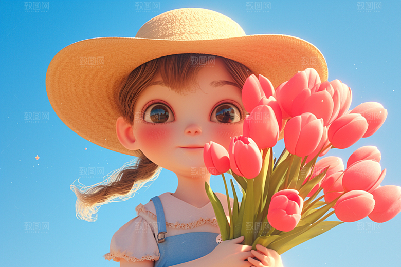 手捧鲜花的少女模型花朵素材