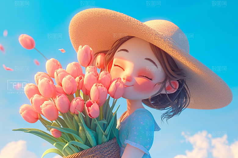 手捧鲜花的少女自然花朵素材