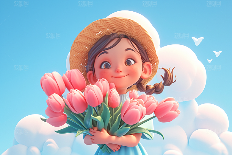 手捧鲜花的少女模型青春素材