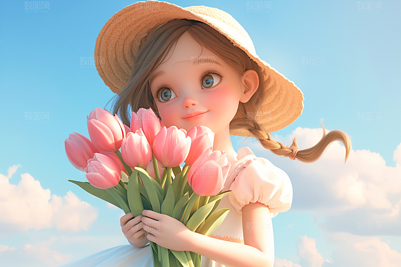 手捧鲜花的少女春天梦幻素材