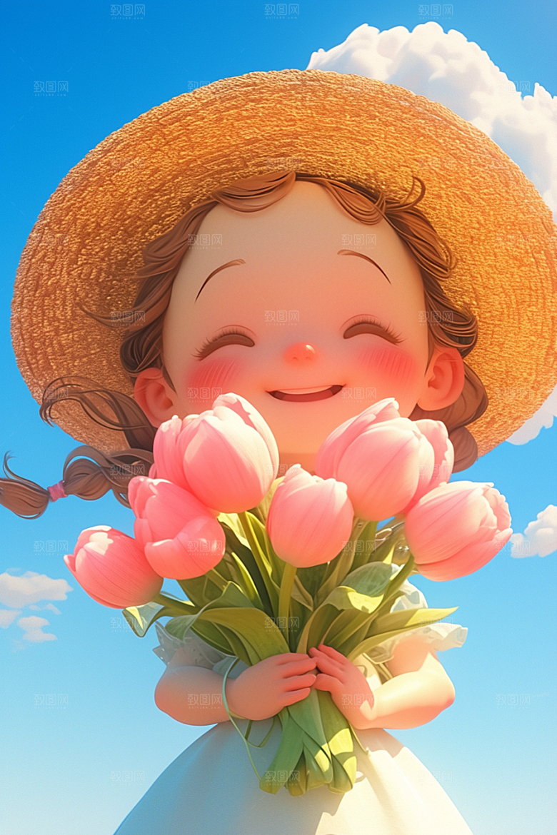 手捧鲜花的少女清新模型素材