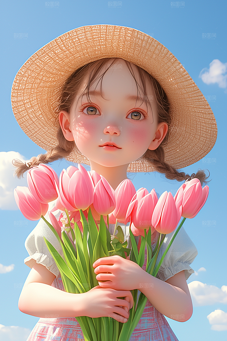 手捧鲜花的少女人物飞舞的裙摆素材
