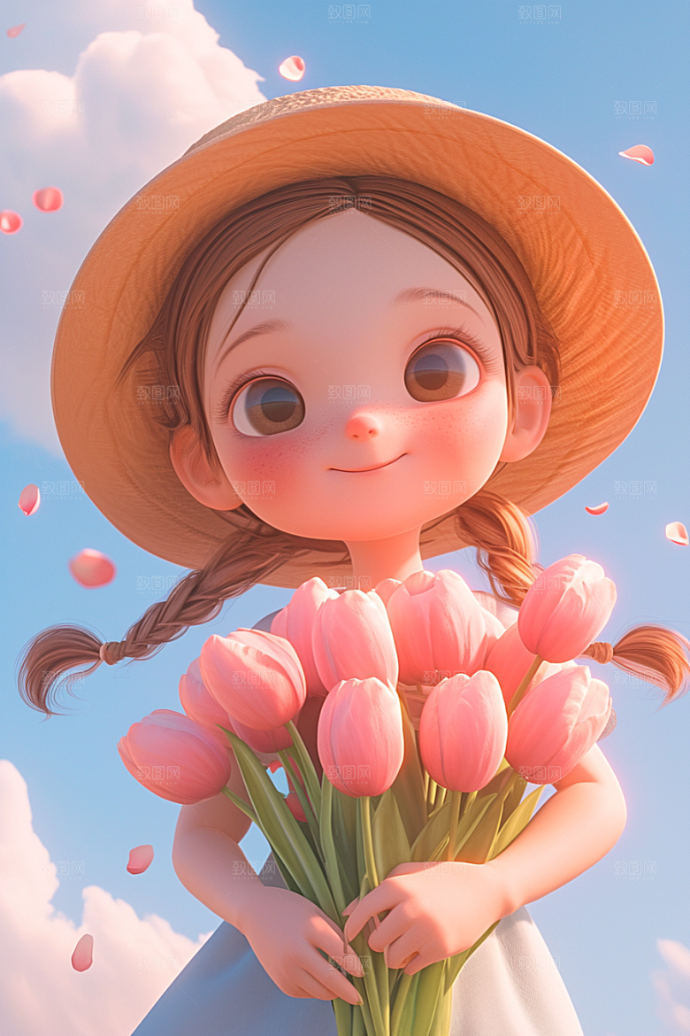手捧鲜花的少女唯美花朵素材