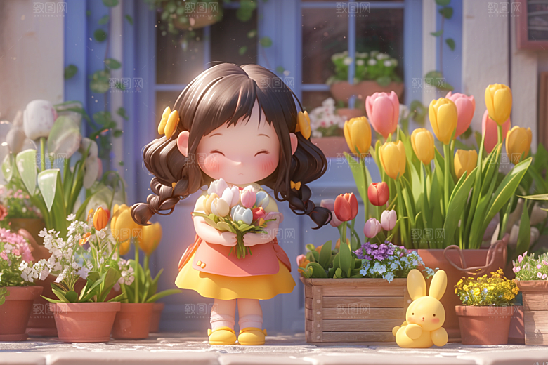 手捧鲜花的少女唯美青春素材
