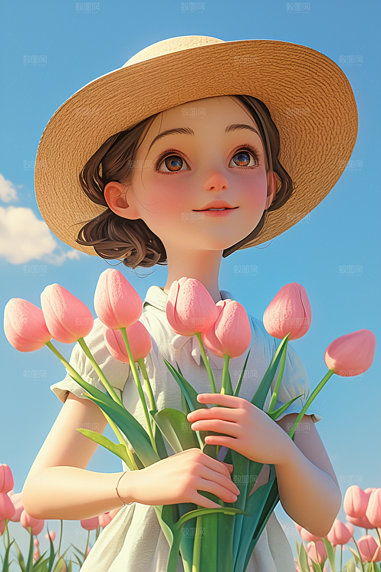 手捧鲜花的少女青春烂漫素材