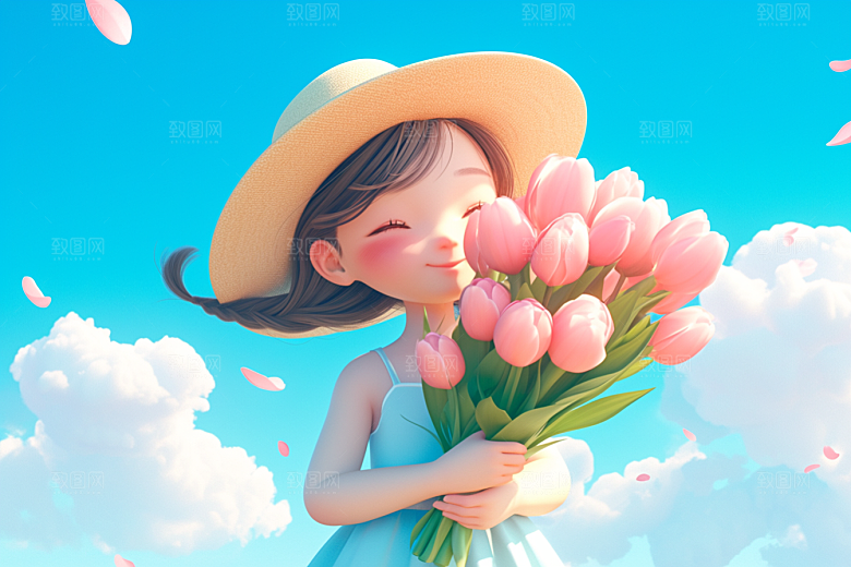 手捧鲜花的少女立体花朵素材