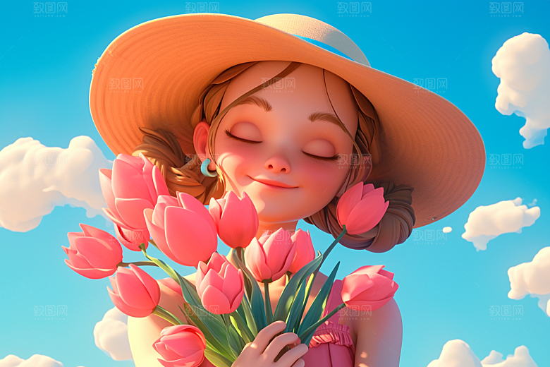 手捧鲜花的少女人物飞舞的裙摆素材